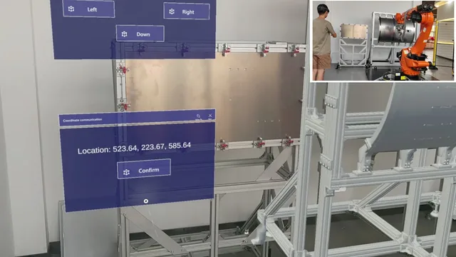First-person AR view with holographic Left/Right/Down and coordinate controls beside an aircraft panel.