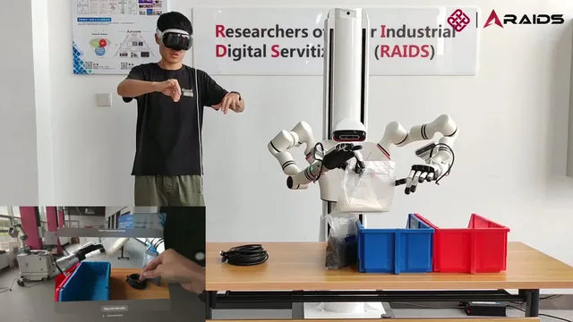 Dual-arm robot sorting bags into bins while an operator in a mixed-reality headset teleoperates from the side.