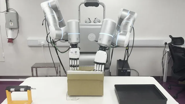 Dual-arm robot with dexterous hands reaching into an open courier carton.